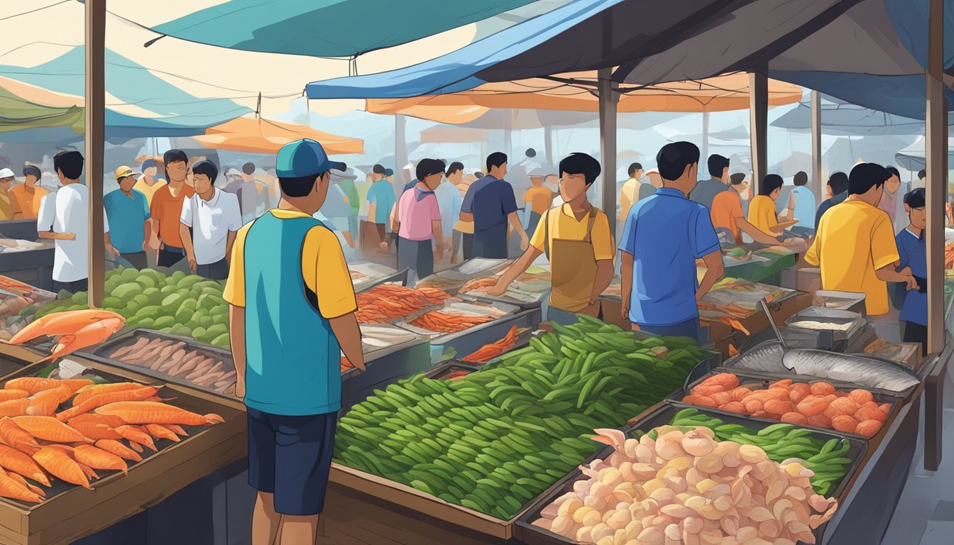 A bustling seafood market in Pasir Gudang, with colorful stalls and fresh catches on display, surrounded by eager customers and the sound of sizzling grills