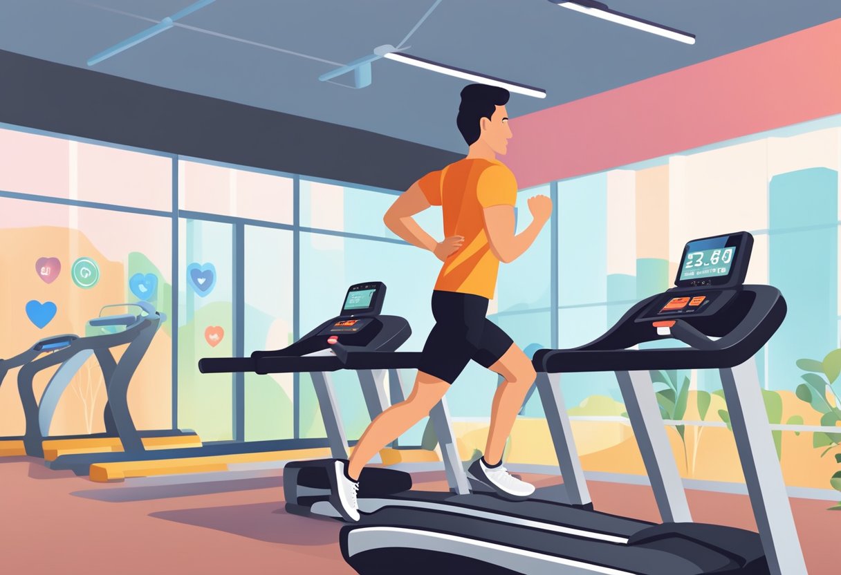A person is running on a treadmill with a heart rate monitor displaying different heart rate zones. The background shows a gym setting with other fitness equipment