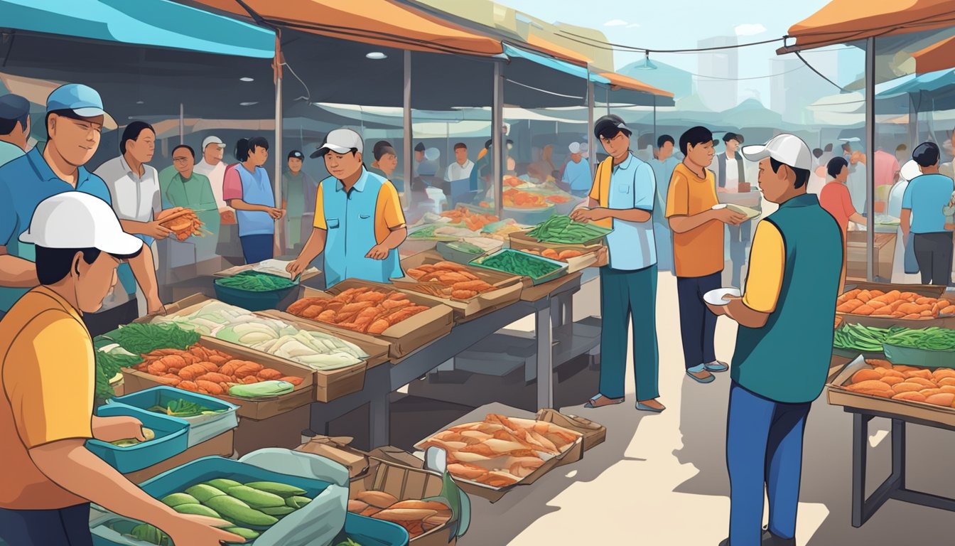 A bustling seafood market in Pasir Gudang, Singapore, with vendors answering frequently asked questions from customers