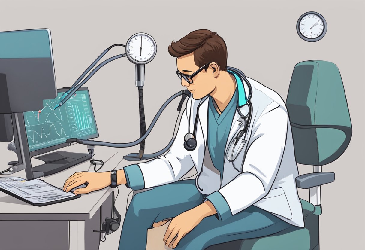 A doctor listens to a racing heartbeat, then administers treatment