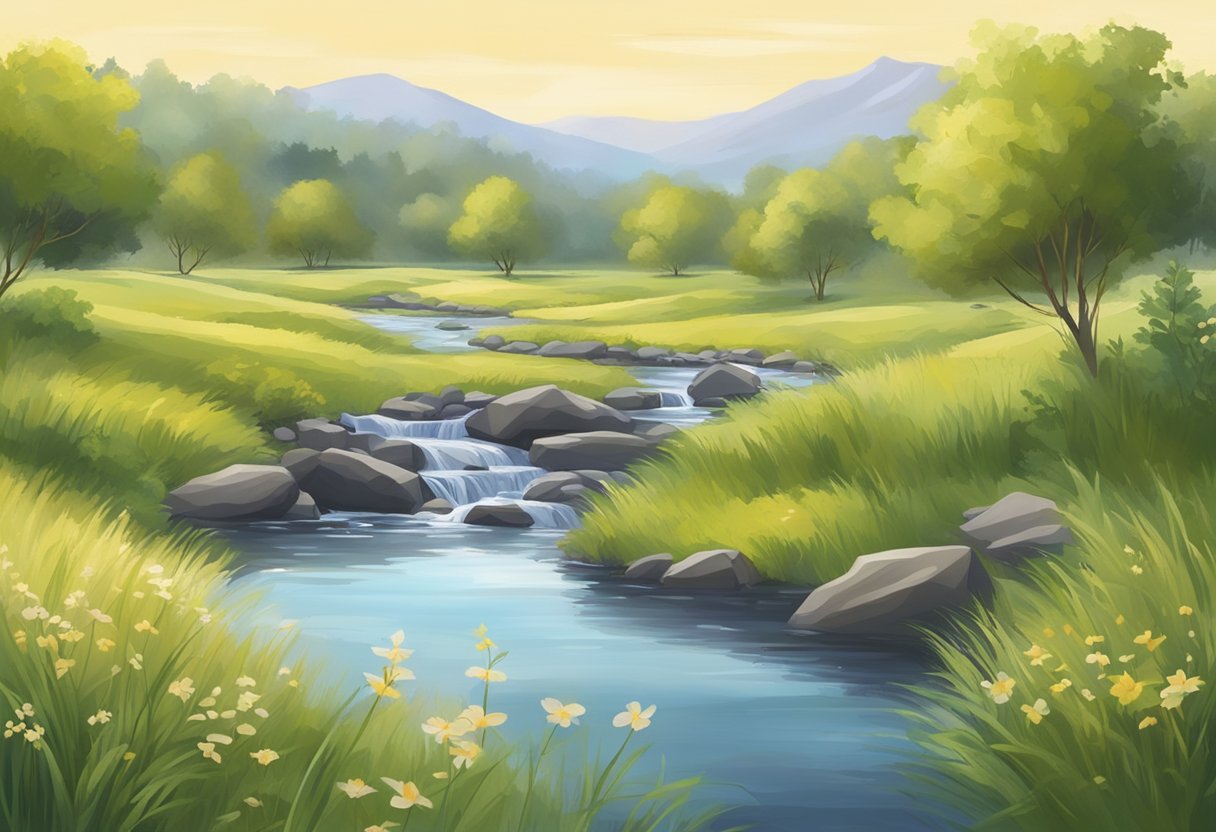 A calm, serene setting with a soft, steady rhythm. Perhaps a peaceful meadow with gentle swaying grass and a tranquil stream flowing by