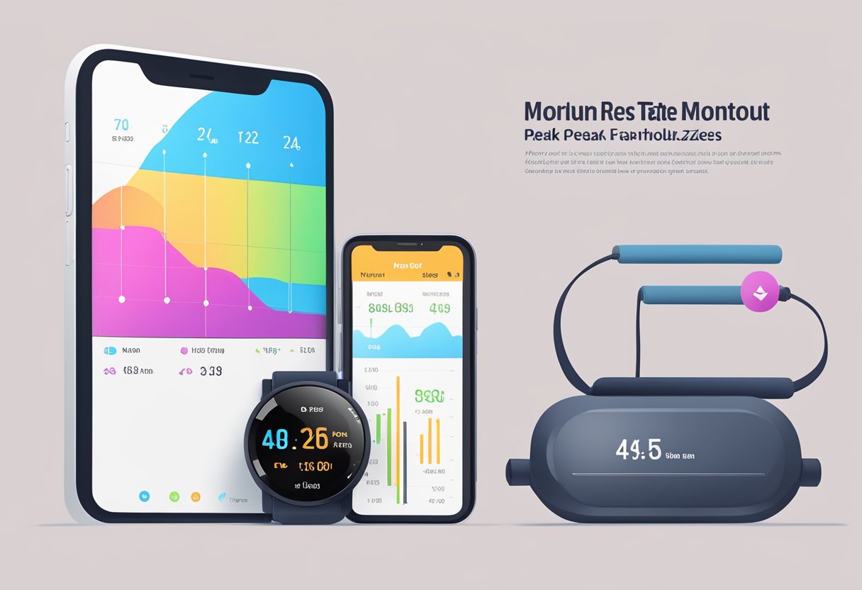 A heart rate monitor displays different workout zones: resting, fat burn, cardio, and peak