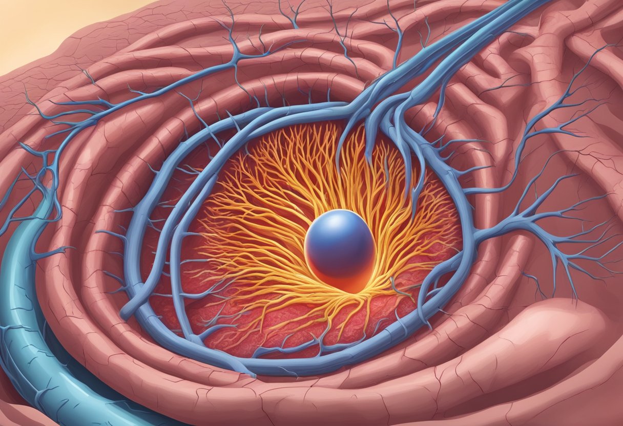 A clogged artery constricts blood flow. Nearby vessels struggle to compensate