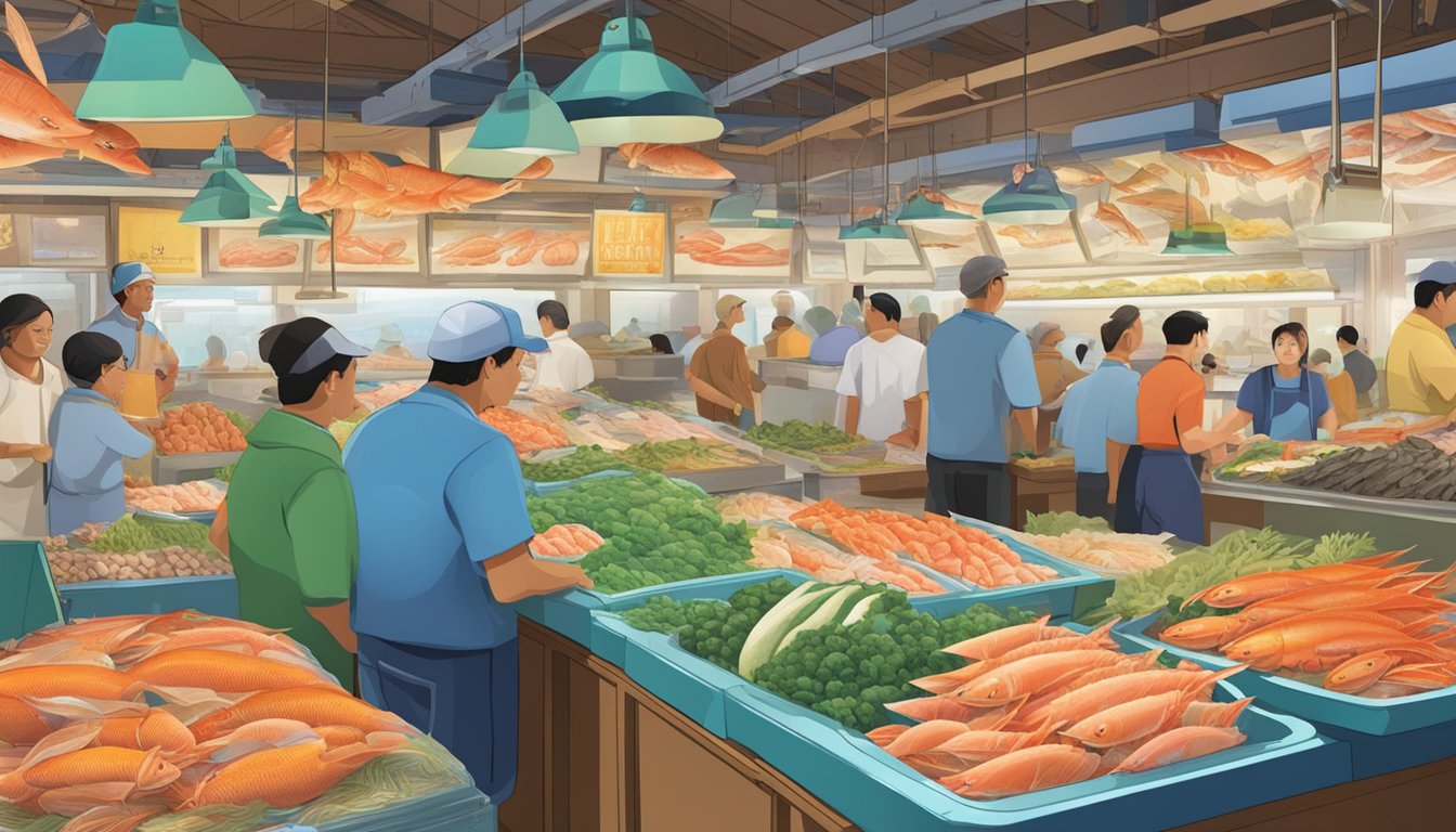 Seafood market bustling with customers, colorful displays of fresh fish, and prices prominently displayed