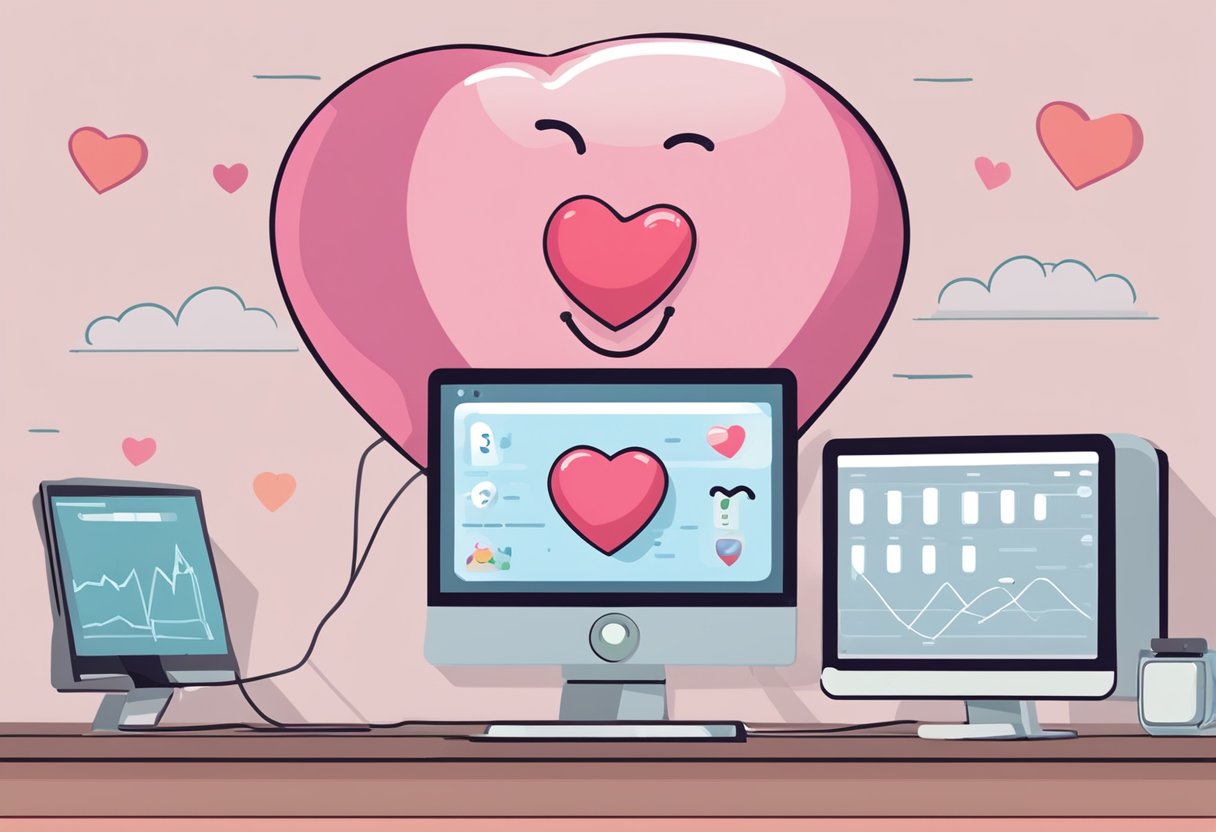 A heart-shaped balloon deflating next to a monitor showing "cardiosmart heart failure" with sad emoticons