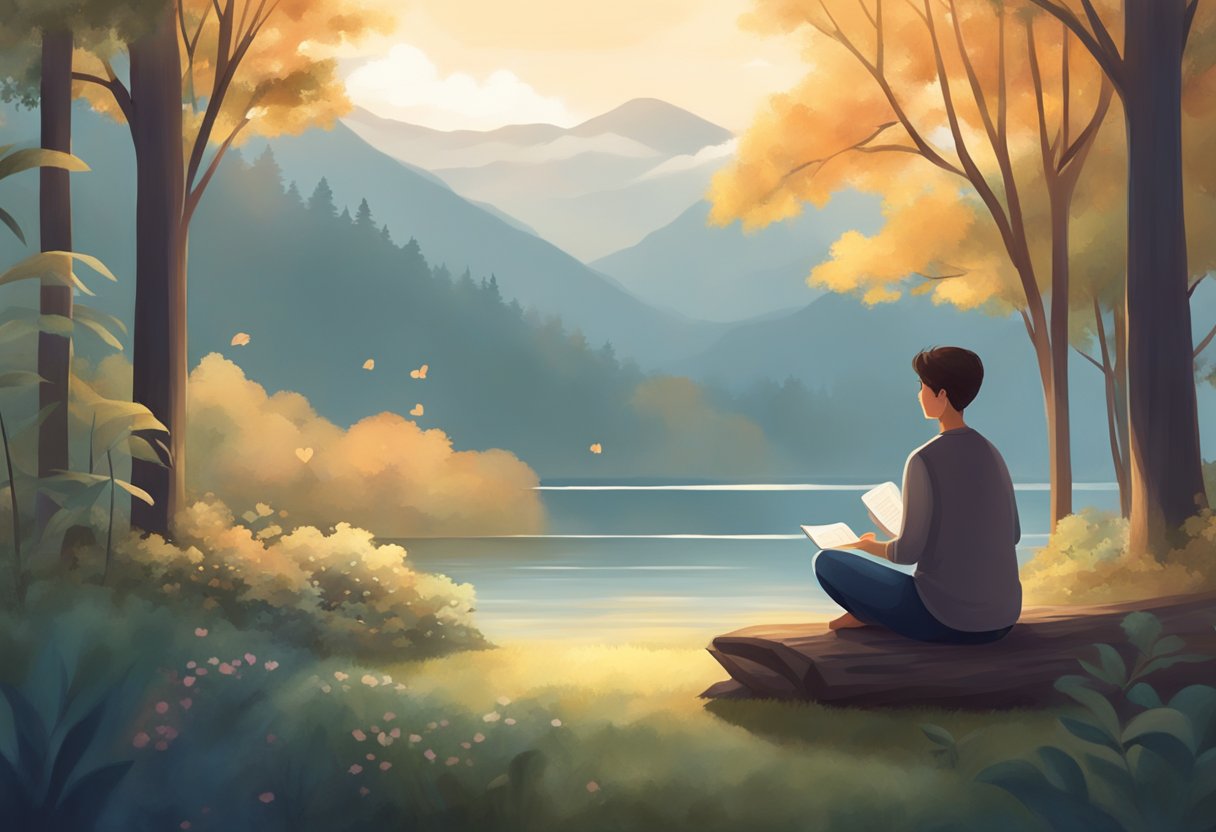 A person sits in a peaceful setting, surrounded by calming elements like nature, soft lighting, and soothing music, while practicing deep breathing techniques to slow down their heart rate