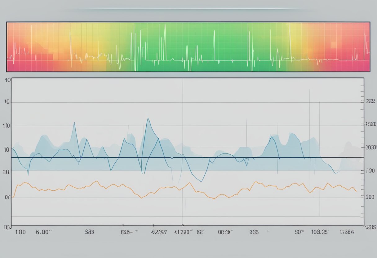 Heart rate monitor displaying a steady, rhythmic pulse. The screen shows a fluctuating line graph and digital readout of the current heart rate