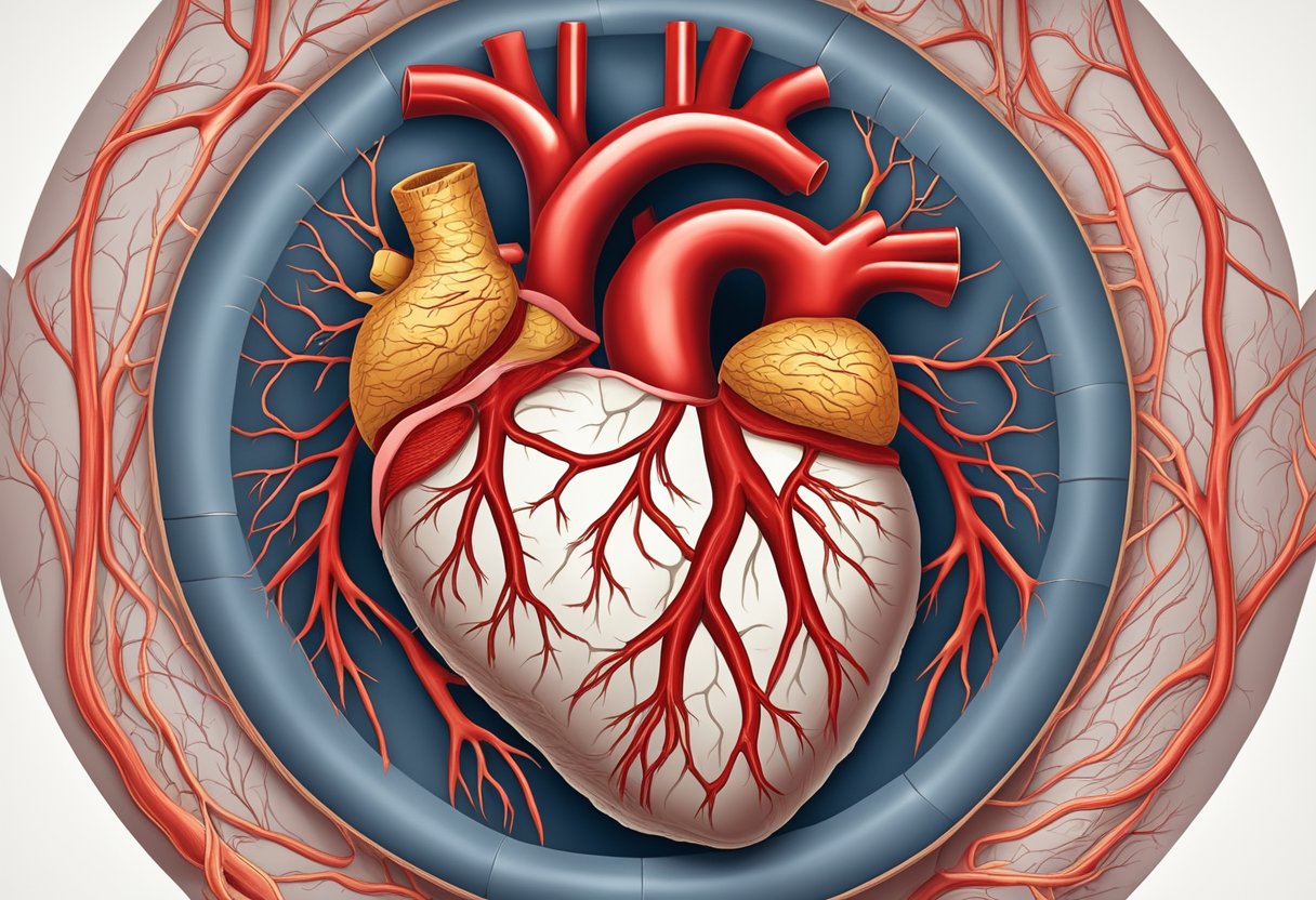 A heart surrounded by clogged arteries, showing plaque buildup and restricted blood flow