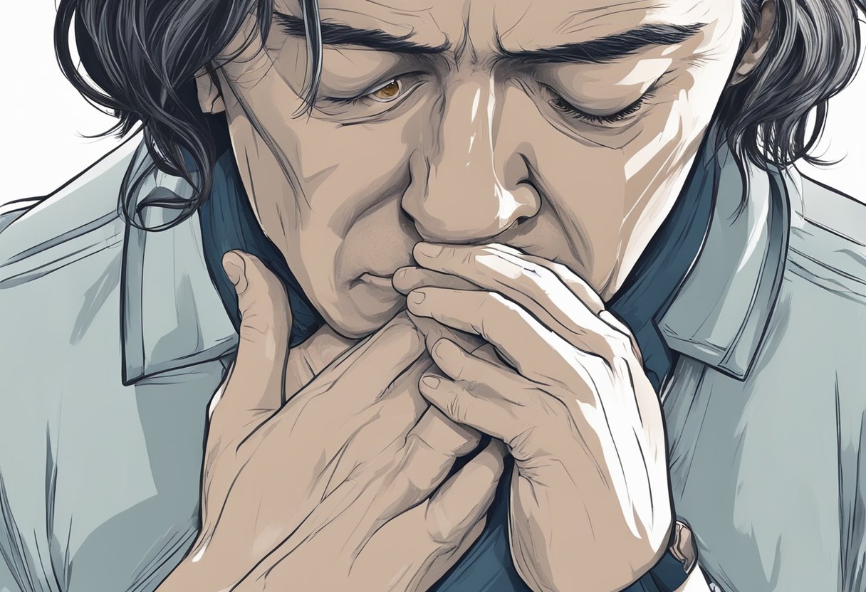 A person clutching their chest with a pained expression. A sudden, intense pain radiates from the heart, causing distress and discomfort