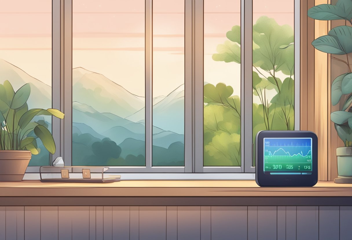 A peaceful scene: a heart rate monitor displaying a steady and slow rhythm, surrounded by a calming and serene environment