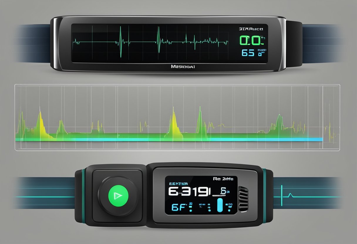 A heart rate monitor displays a pulsing heartbeat on a digital screen, while a chest strap or wristband sensor measures the user's heart rate