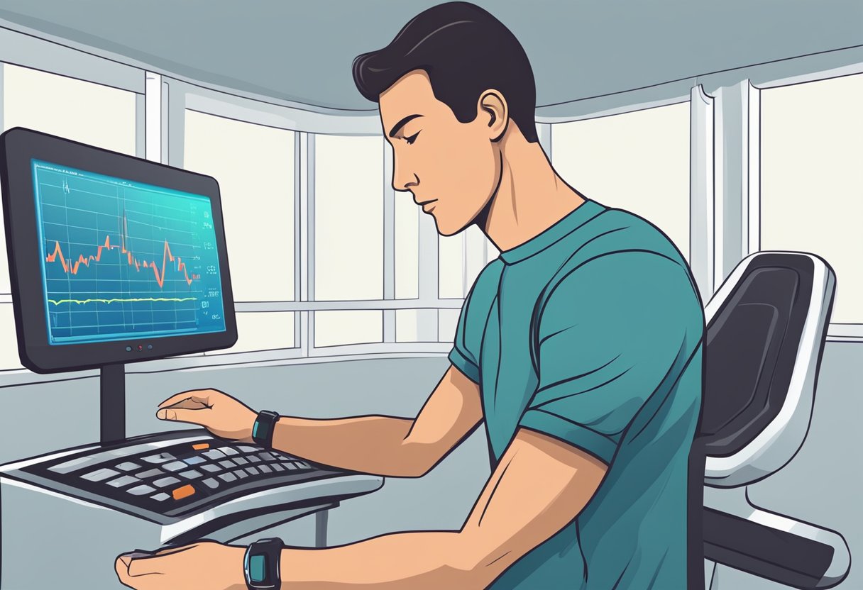 A heart rate monitor displays a steady, regular pulse. Nearby, a person exercises with a focused expression