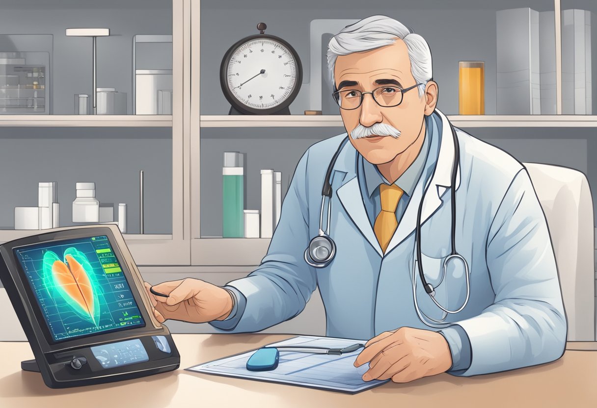 A doctor examines a heart monitor, then prescribes medication and advises lifestyle changes for a patient with coronary heart disease