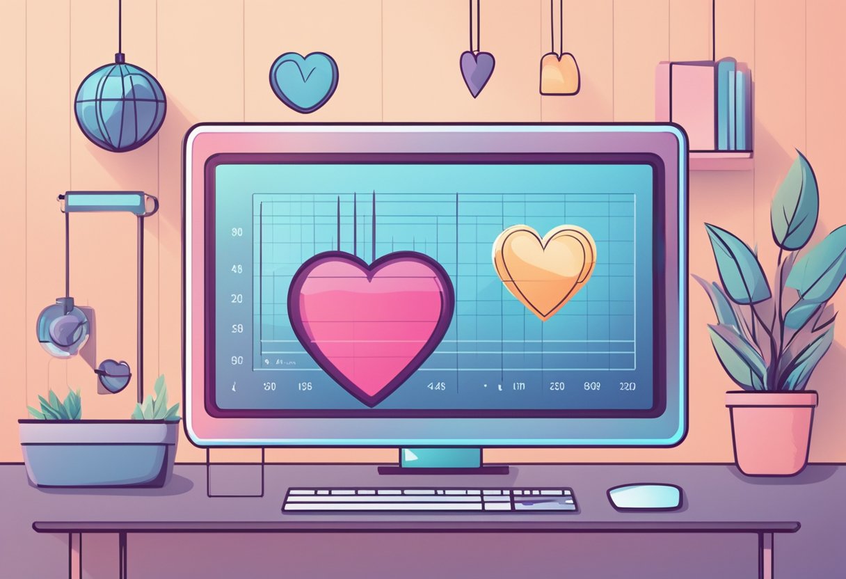 A heart-shaped monitor displays a lower heart rate, surrounded by calm and peaceful imagery