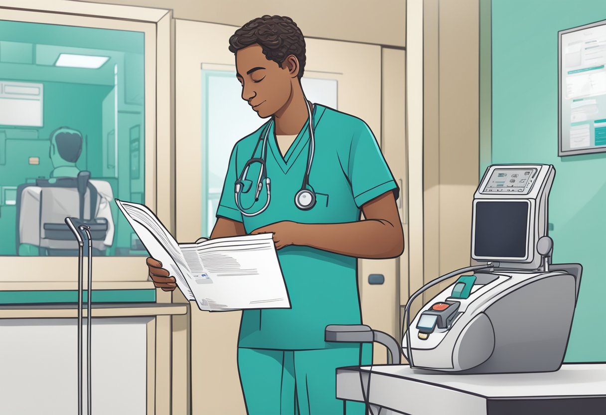 A heart failure patient reading a Cardiosmart FAQ card with medical equipment in the background