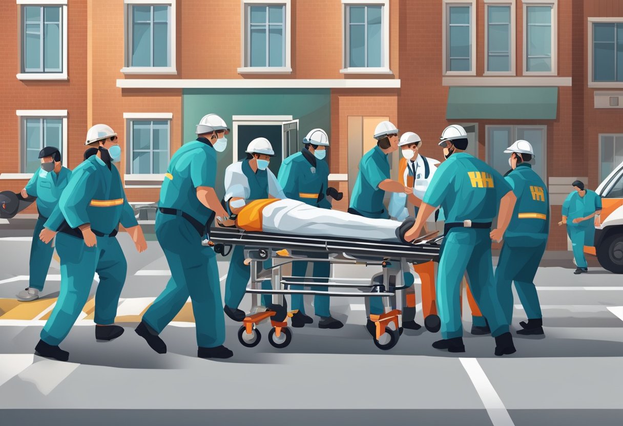 Emergency responders rush to aid a heart attack victim. Medical equipment and personnel surround the patient, providing life-saving care