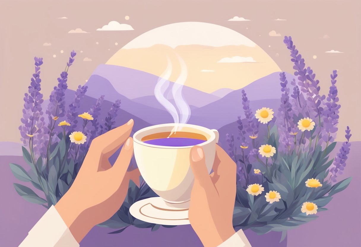 A person holding a cup of herbal tea, surrounded by calming elements like lavender and chamomile, with a soothing atmosphere