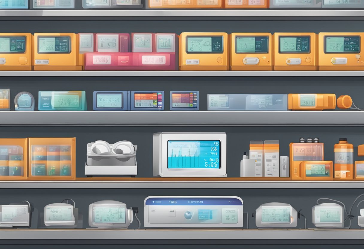 A hand reaches for a heart rate monitor on a display shelf. Various models are neatly arranged with clear product labels