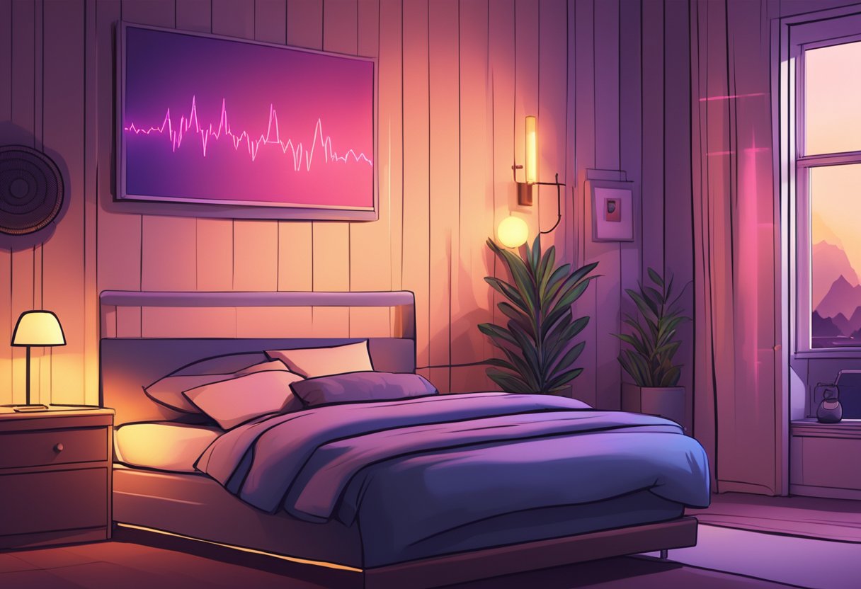 A heart rate monitor glows in the dim light of a bedroom, displaying a graph of fluctuating heartbeats throughout the night