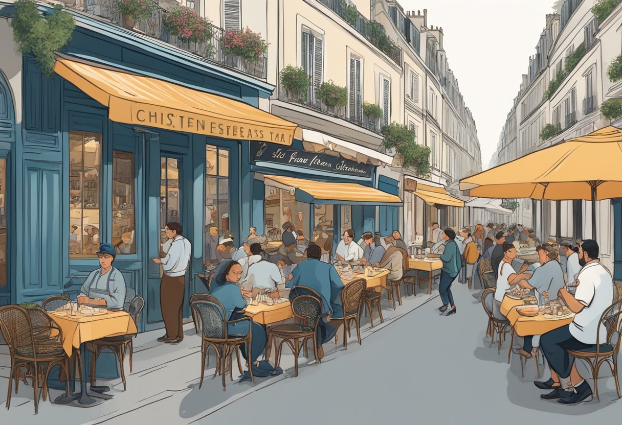 A bustling Parisian street, lined with charming seafood restaurants. A chef expertly shucks oysters while diners enjoy fresh catches at outdoor tables
