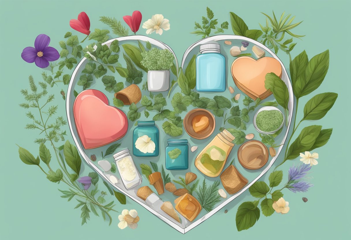A heart-shaped container with a broken heart inside, surrounded by soothing herbs and healing remedies