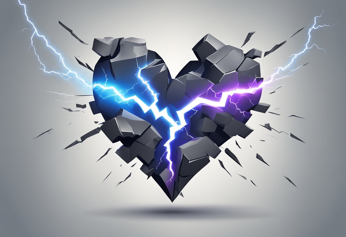 A lightning bolt striking a heart symbol, causing it to crack and break into pieces