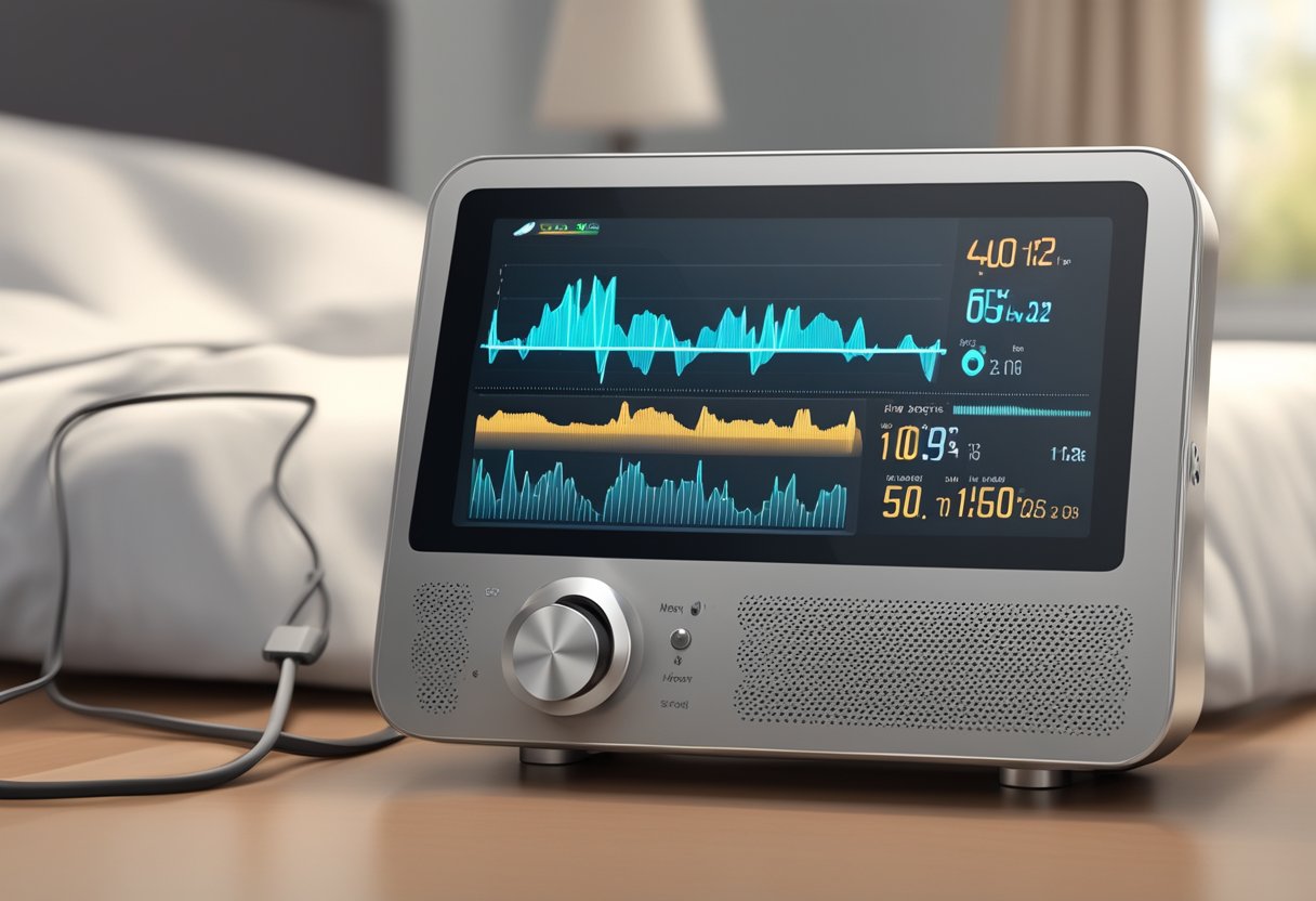 A heart rate monitor sits still on a bedside table, displaying a low and steady sleeping heart rate