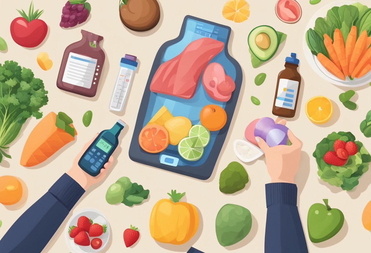 A person holding a bottle of heart medication, surrounded by healthy food, a yoga mat, and a heart rate monitor