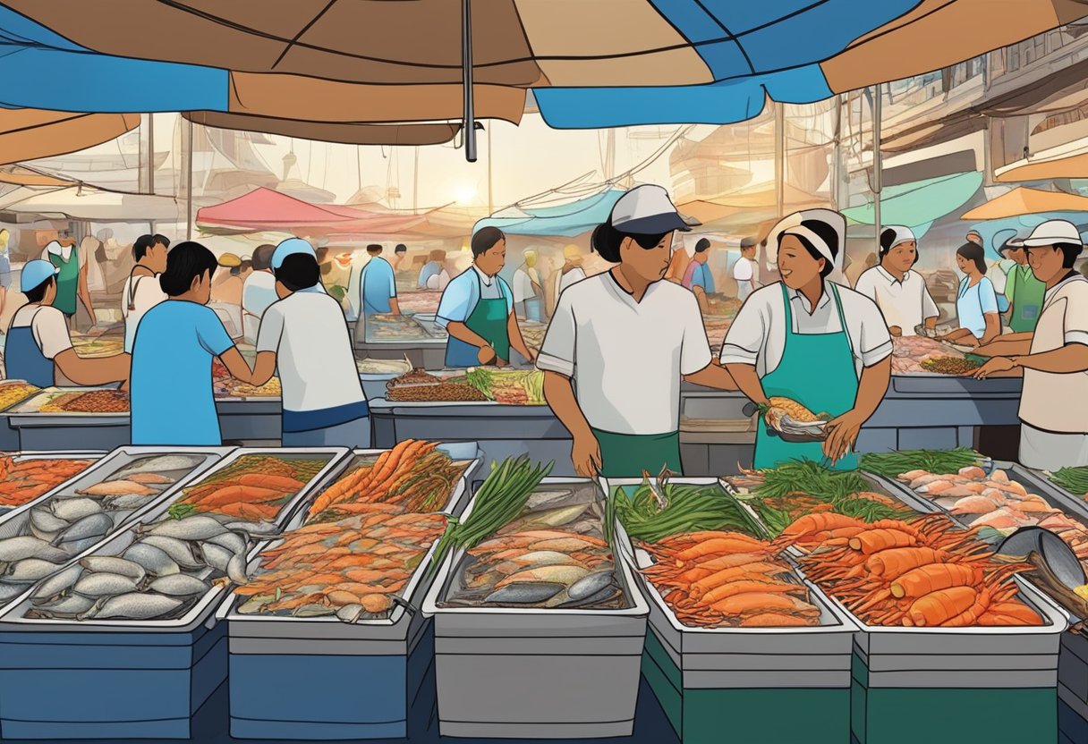 A bustling seafood market in Patong, with colorful displays of fresh fish, prawns, and crabs. Vendors call out to passersby, while the scent of grilling seafood fills the air