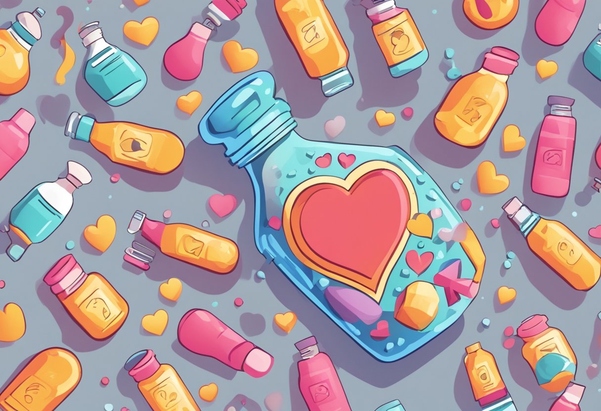 A bottle of heart pain remedy surrounded by floating question marks