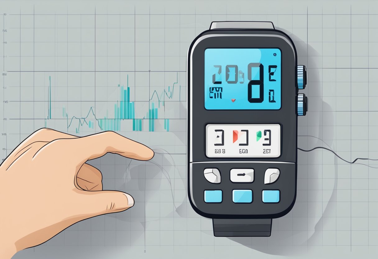 A digital heart rate monitor displays a pulsing graph on its screen while a finger is placed on the sensor. A stopwatch sits nearby, ready to record the beats per minute