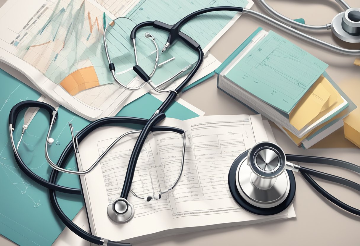 A stethoscope and an EKG machine sit on a desk, surrounded by medical charts and reference books on cardiology