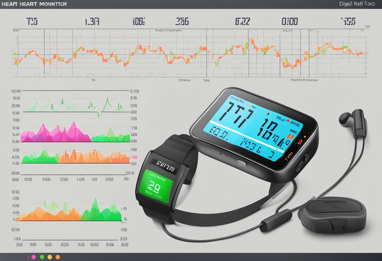 A digital heart rate monitor displaying a steady pulse, with a stopwatch and a chart showing different heart rate zones
