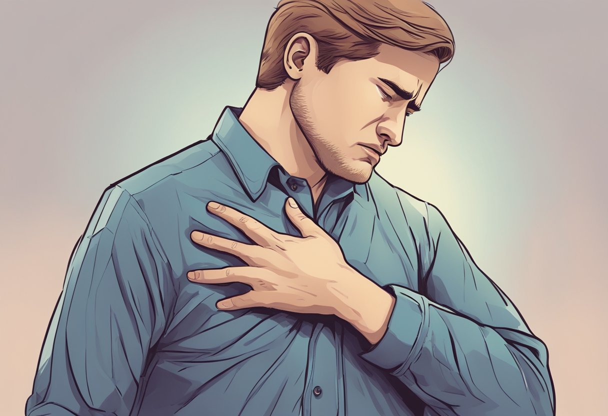 A person clutching their chest in pain, with a worried expression