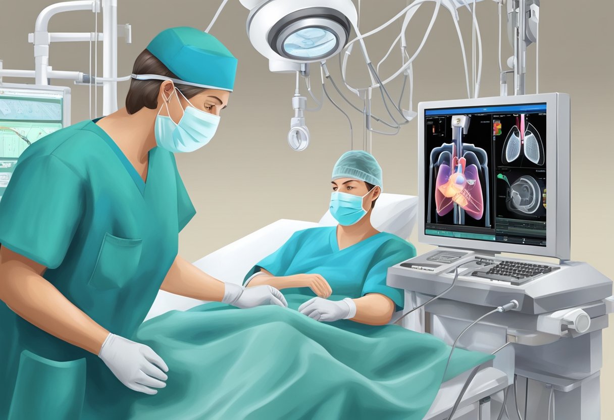 A surgeon implants a permanent pacemaker in a patient's chest, guided by fluoroscopy and monitoring the patient's heart rhythm