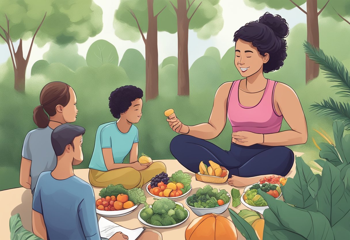 A person exercising outdoors, eating healthy foods, and attending support group meetings