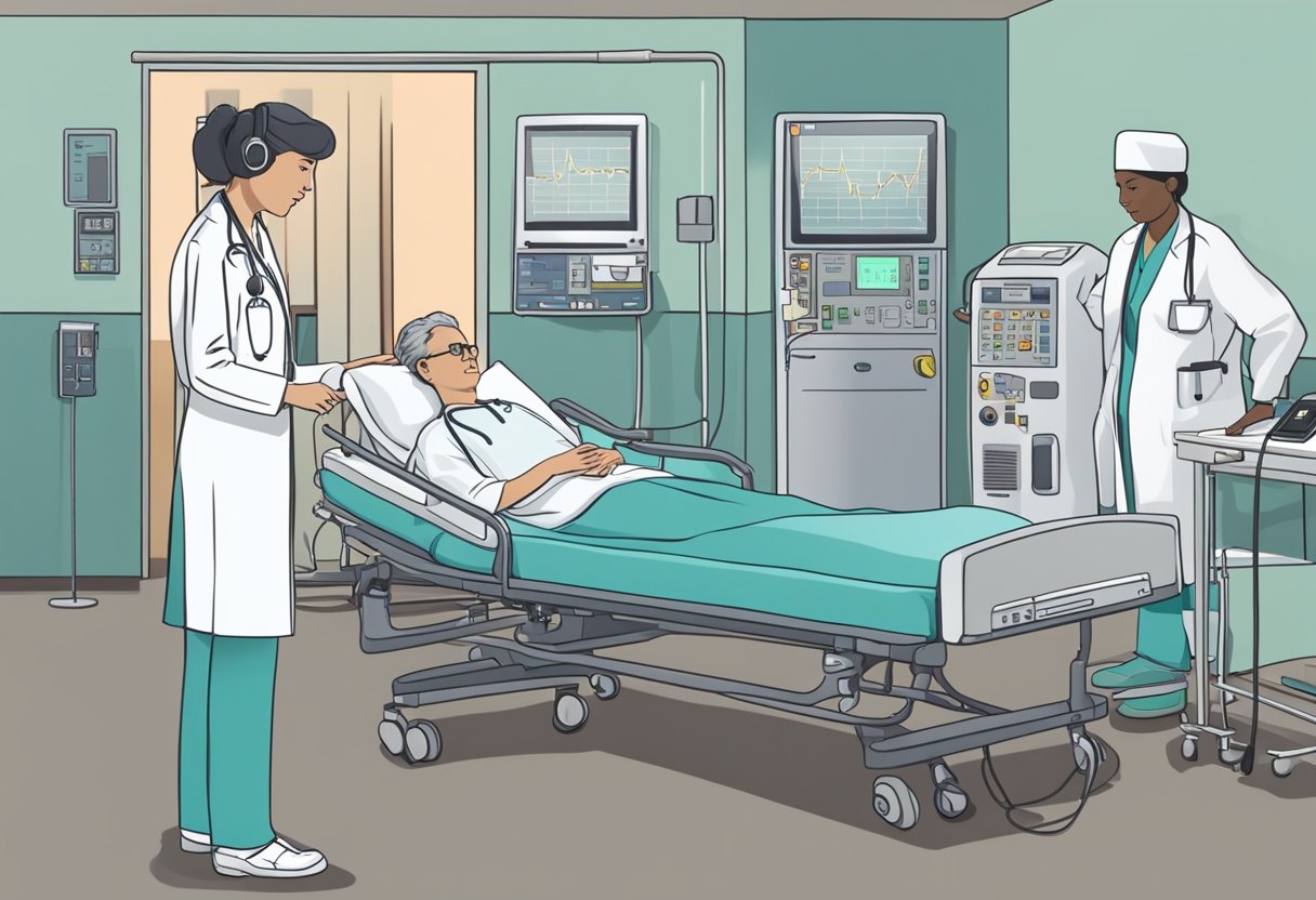 A heart monitor beeping rapidly next to a hospital bed, with medical equipment and a concerned nurse in the background