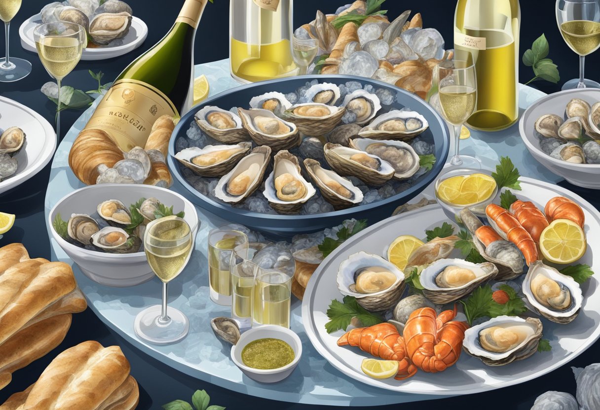 A colorful display of oysters, lobster, and escargot on ice, surrounded by bottles of white wine and fresh baguettes