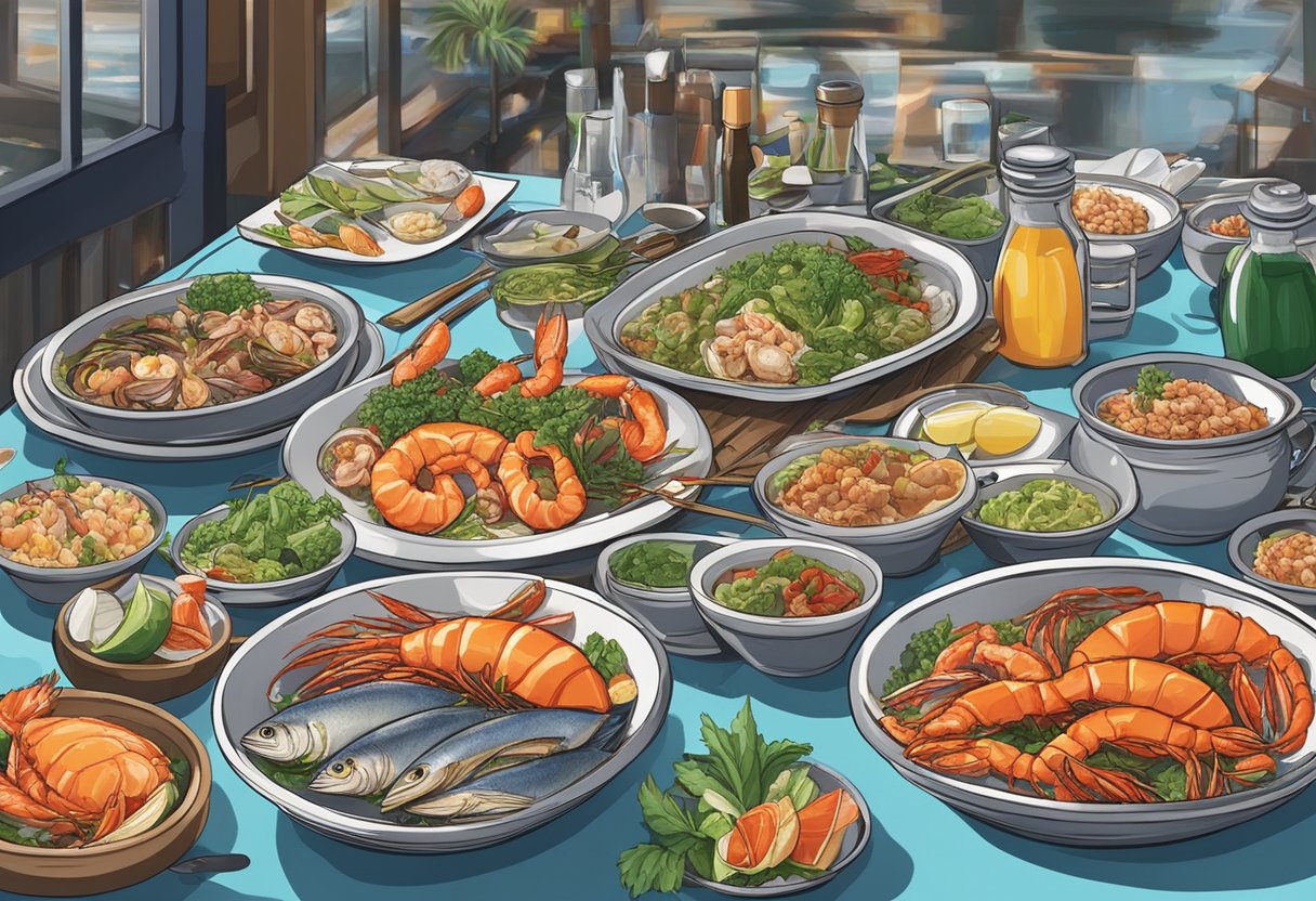 A table set with fresh seafood, cutlery, and condiments at a bustling seafood restaurant in Patong. The vibrant atmosphere and delicious dishes create an inviting scene for diners