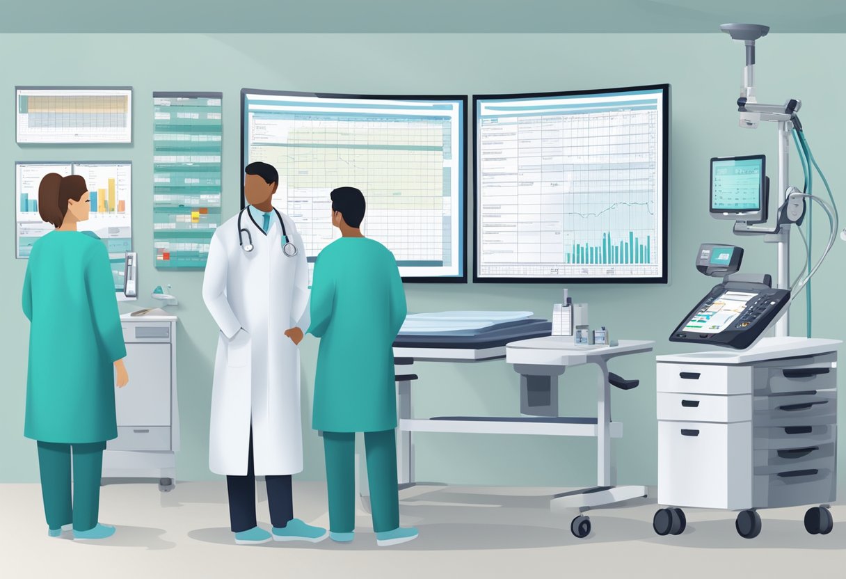 A patient's medical chart with clinical factors and postoperative outcomes displayed, surrounded by cardiology equipment and monitors