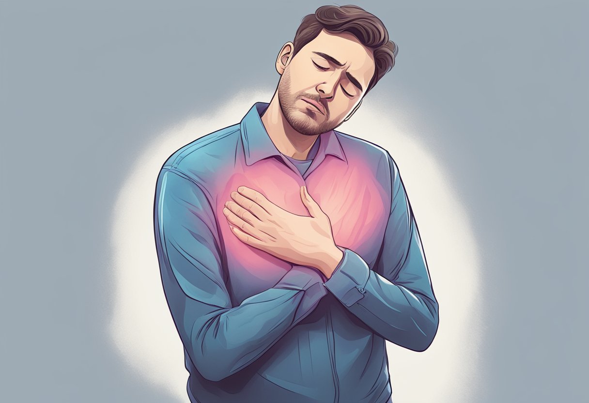 A person clutching their chest in pain, shortness of breath, and sweating profusely