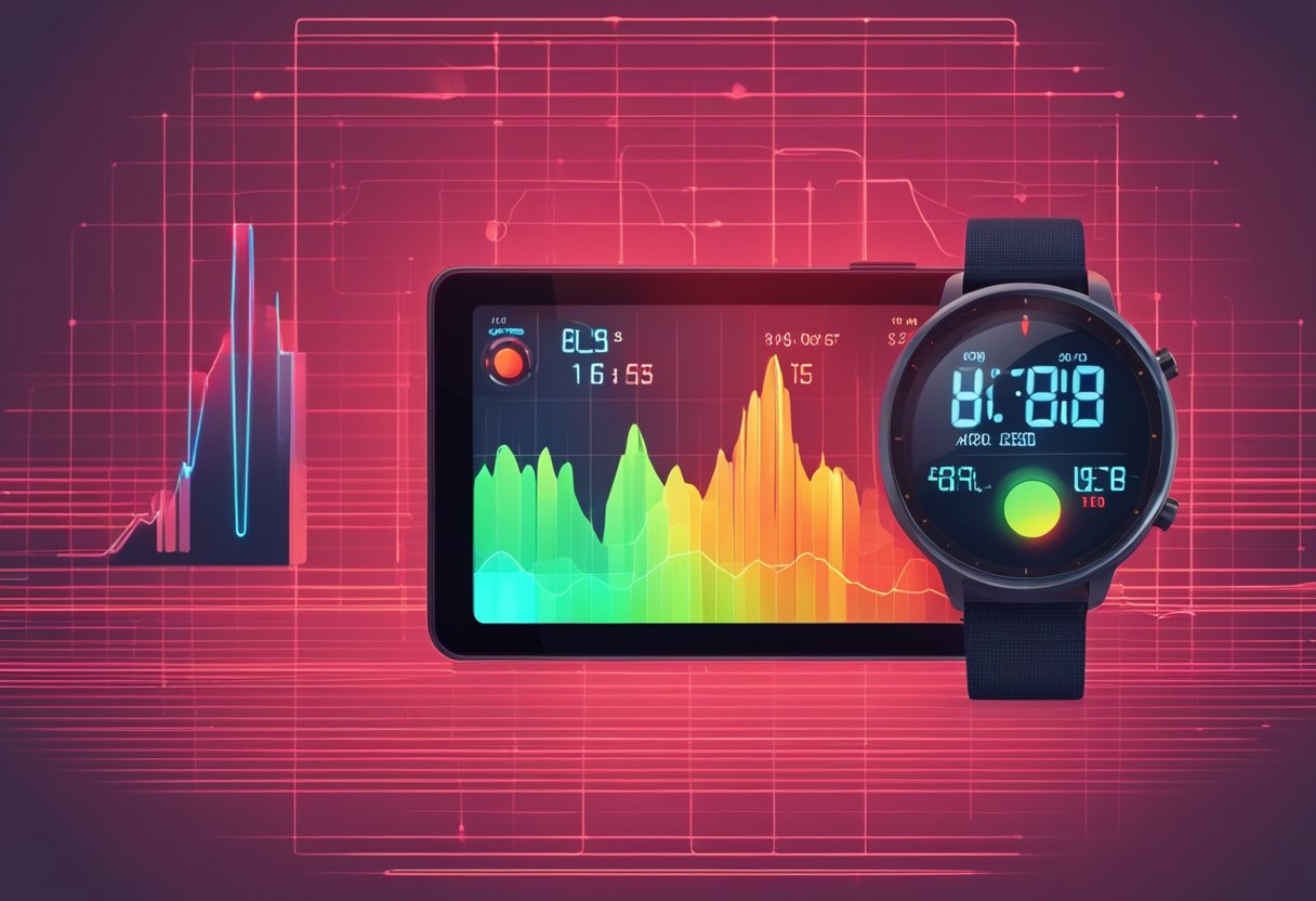 A digital heart rate monitor displays a pulsing red light, while a finger rests on the sensor. A stopwatch is nearby, ready to record the beats per minute