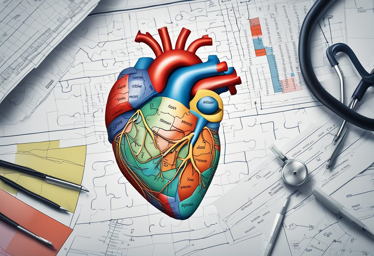 A heart-shaped puzzle with pieces labeled "arrhythmia," "hypertension," and "heart failure" lies on a table surrounded by medical charts and diagrams
