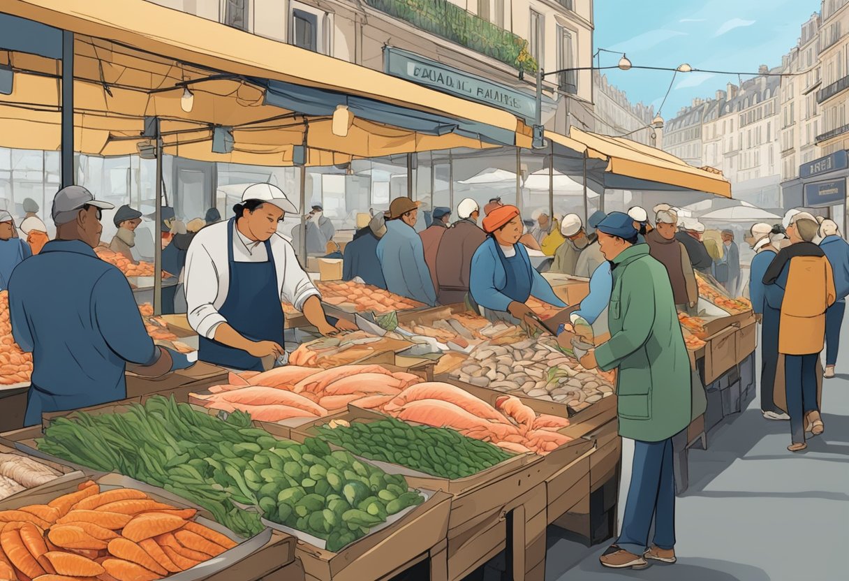 A bustling Parisian seafood market with vendors and customers interacting, surrounded by colorful displays of fresh fish and shellfish