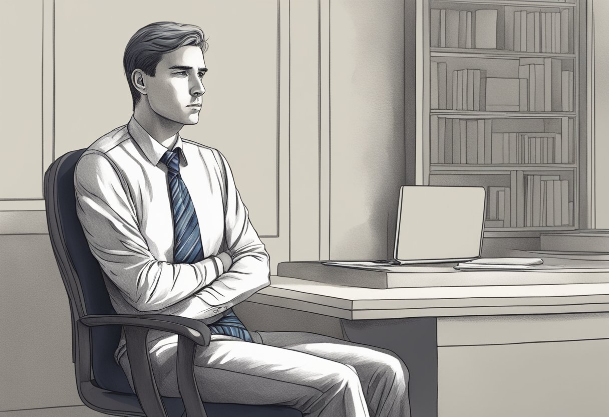 A person sitting, looking concerned, with a hand on their chest