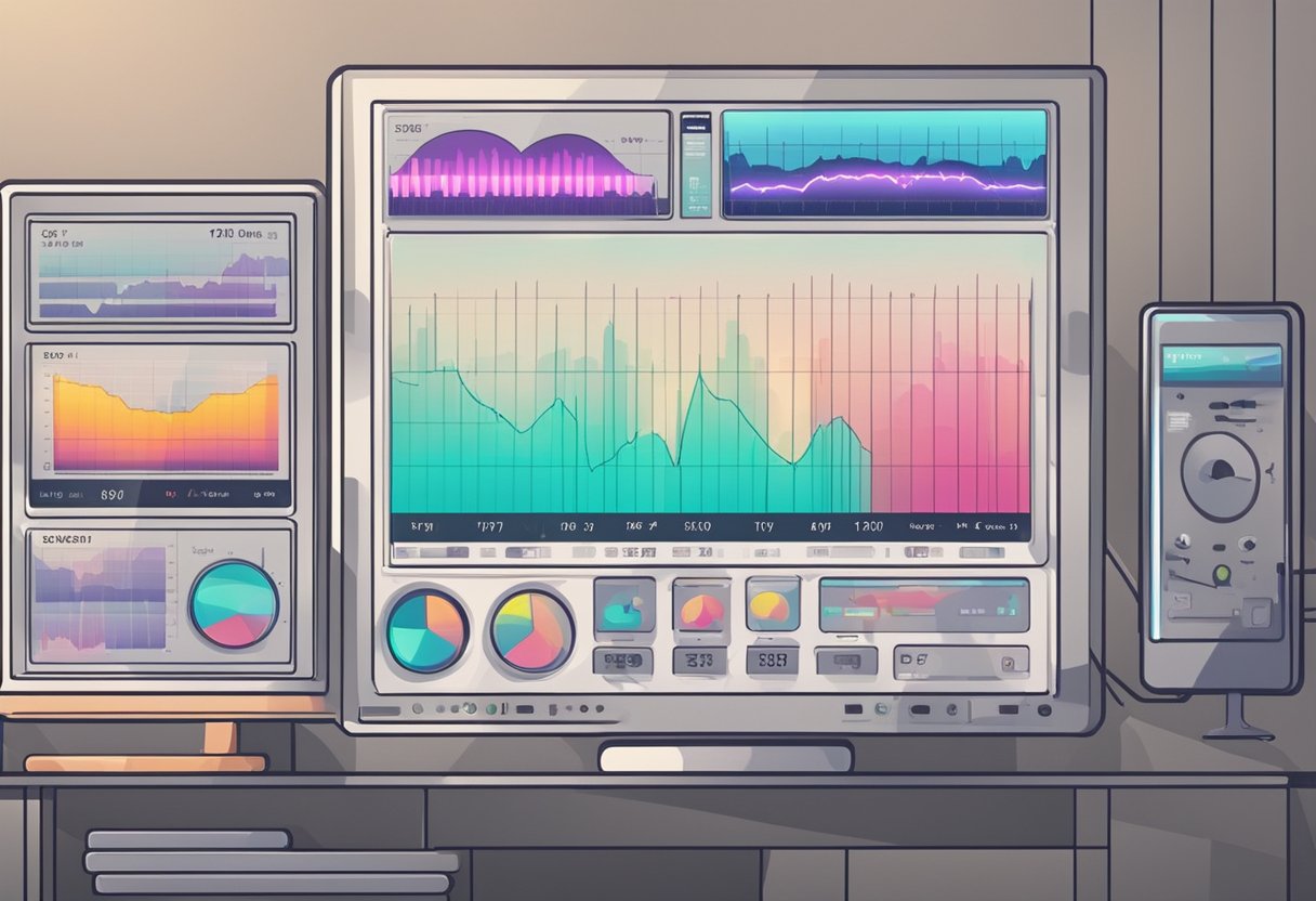 A digital monitor displays fluctuating pulse and heart rates in real-time