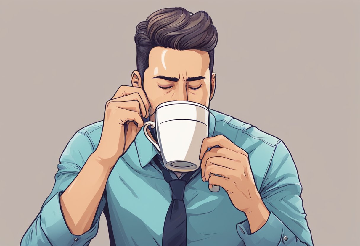 A person drinking coffee, feeling anxious, and experiencing a sudden increase in heart rate