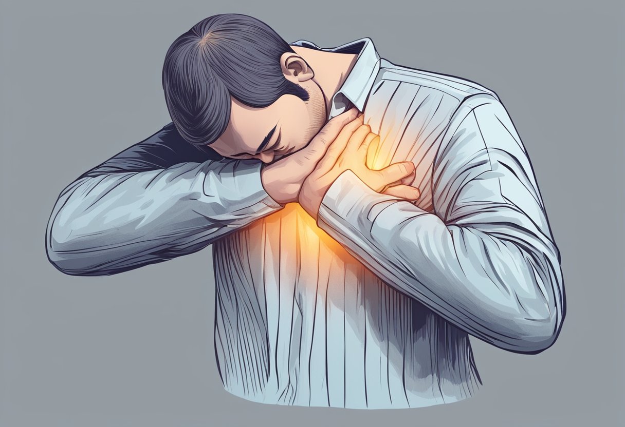 A person clutching their chest in pain, sweating and struggling to breathe. Grimacing with discomfort, they may also display symptoms such as dizziness or nausea