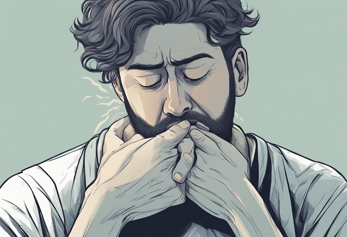 A person clutching their chest in pain, sweating profusely, and struggling to breathe, with a look of distress on their face