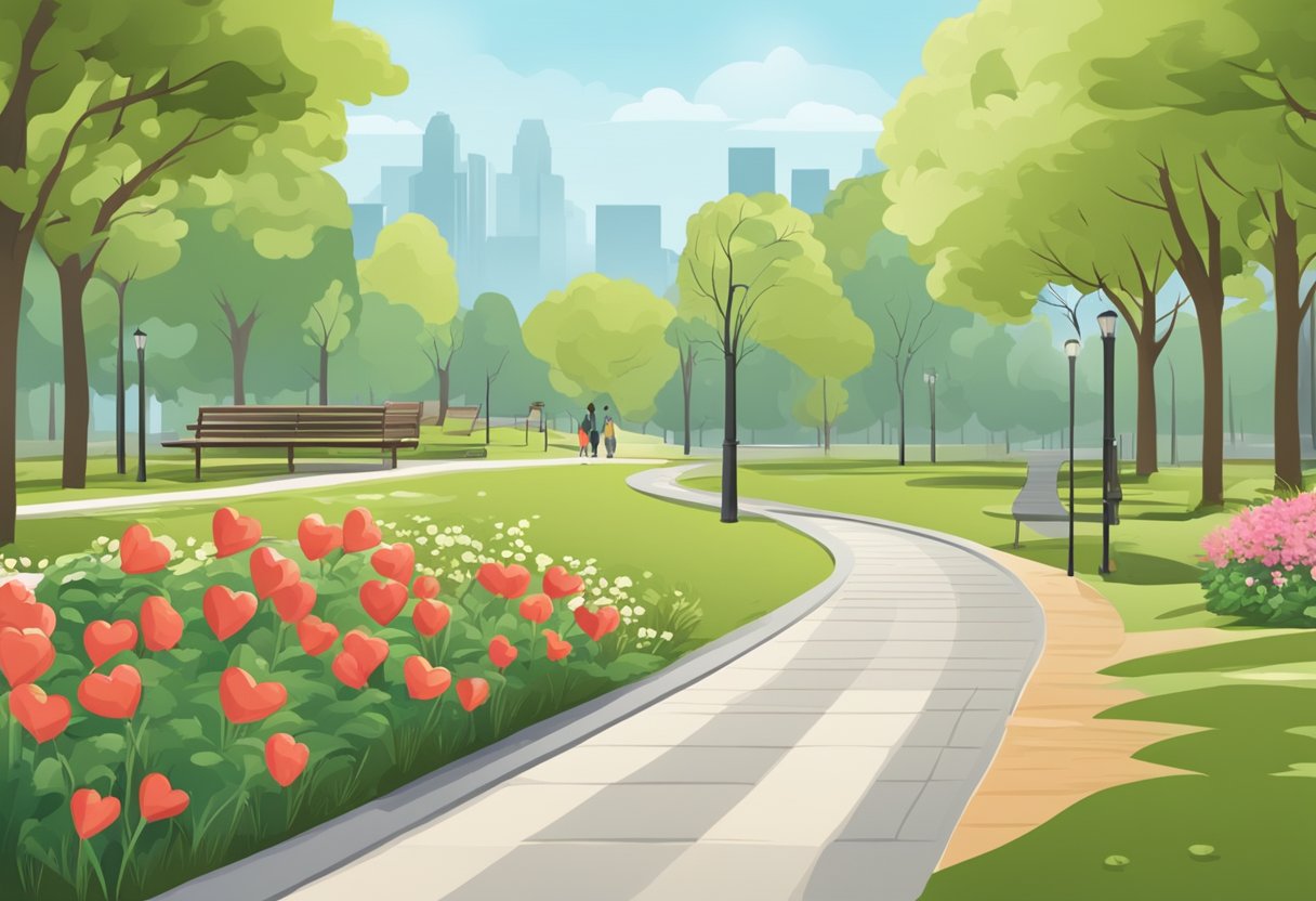 A serene park with a walking path, healthy food options, and exercise equipment, symbolizing heart-healthy lifestyle changes after a heart attack